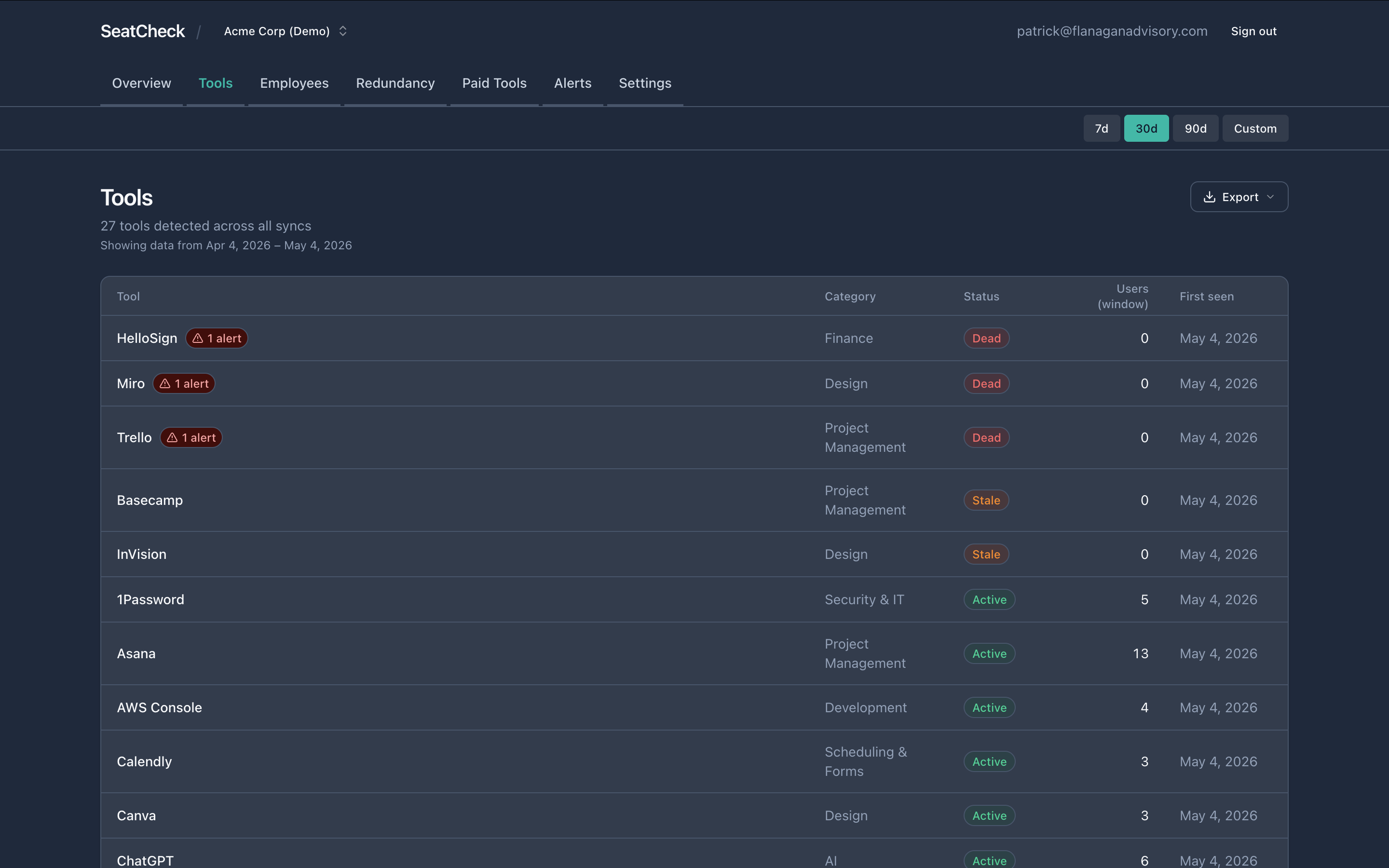 Tools page with status badges